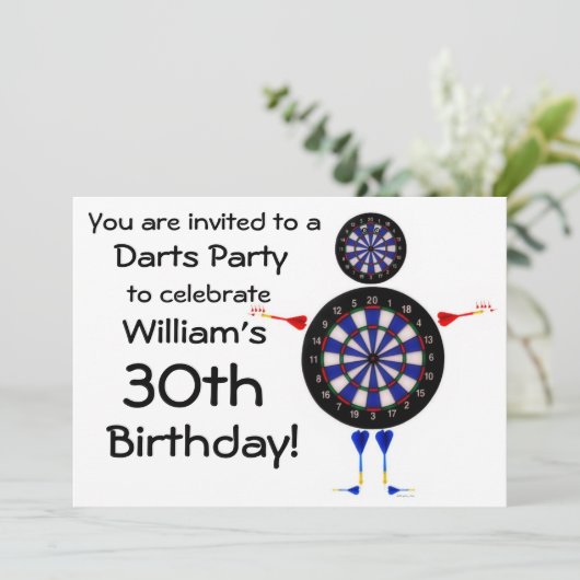 Darts verjaardagsfeestje uitnodiging (Staand voorkant)