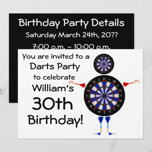 Darts verjaardagsfeestje uitnodiging (Voorkant / Achterkant)