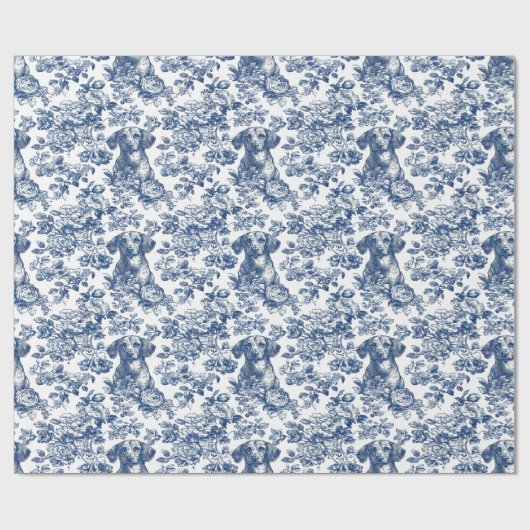 Daschund Dog Blue Toile Pattern Cadeaupapier (Vlak)