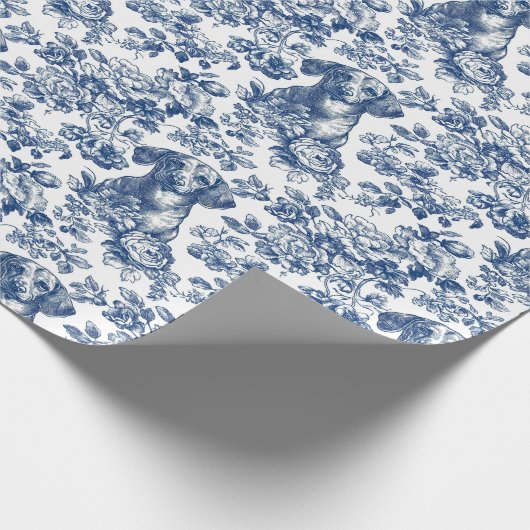 Daschund Dog Blue Toile Pattern Cadeaupapier (Hoek)