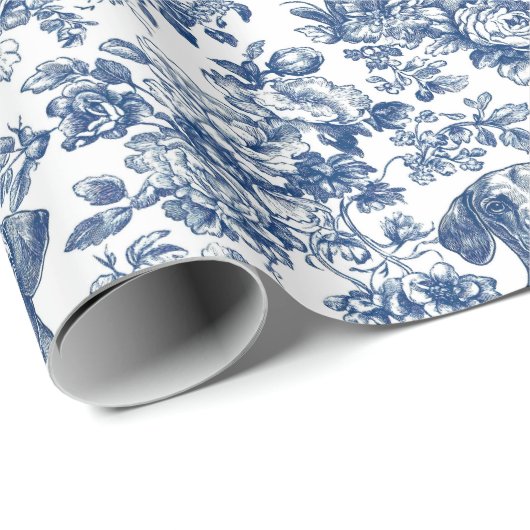 Daschund Dog Blue Toile Pattern Cadeaupapier (Rol Hoek)