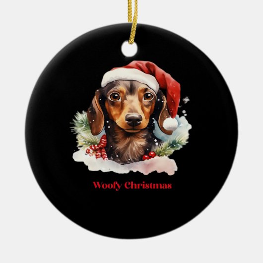 Daschund Dog Christmas Santa Hat Xmas Light Woofy  Keramisch Ornament (Voorkant)