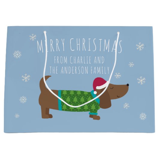 Daschund en Snowflakes Blue Cartoon Groot Cadeauzakje (Voorkant)