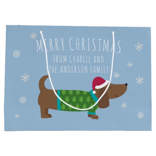 Daschund en Snowflakes Blue Cartoon Groot Cadeauzakje (Achterkant)