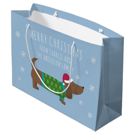 Daschund en Snowflakes Blue Cartoon Groot Cadeauzakje (Achterkant Gekanteld)