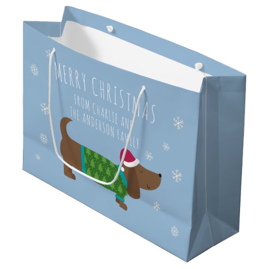 Daschund en Snowflakes Blue Cartoon Groot Cadeauzakje (Voorkant Gekanteld)