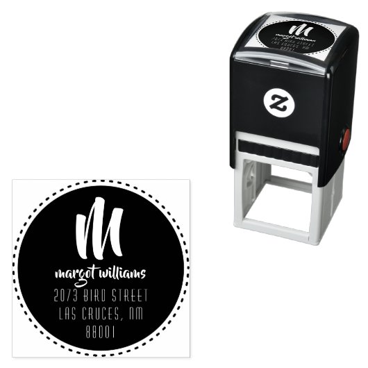 Dash Black Circle Monogram Script Aangepast adres Zelfinktende Stempel (In situ)