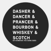 Dasher Dancer Prancer And Bourbon Whiskey Funny Ch Ronde Sticker (Voorkant)