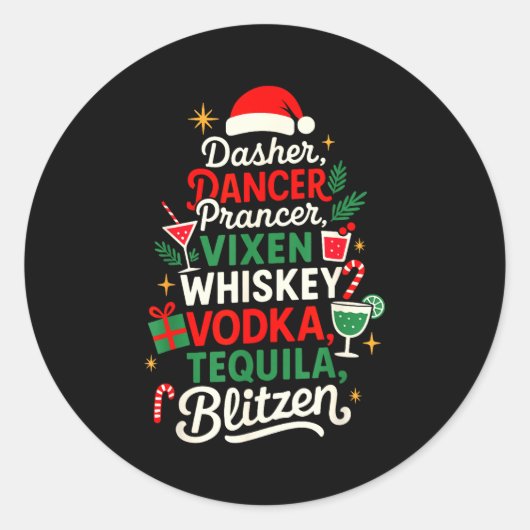 Dasher Dancer Prancer Vixen Moscato Vodka Tequila Ronde Sticker (Voorkant)