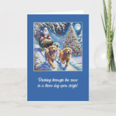 Dashing door de sneeuw met 3 Golden Retrievers Feestdagen Kaart (Voorkant)
