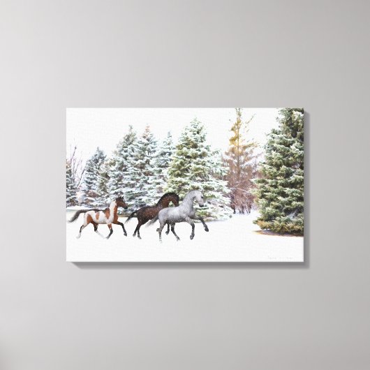 Dashing door de sneeuw - Rendende paarden Canvas Afdruk (Voorkant)