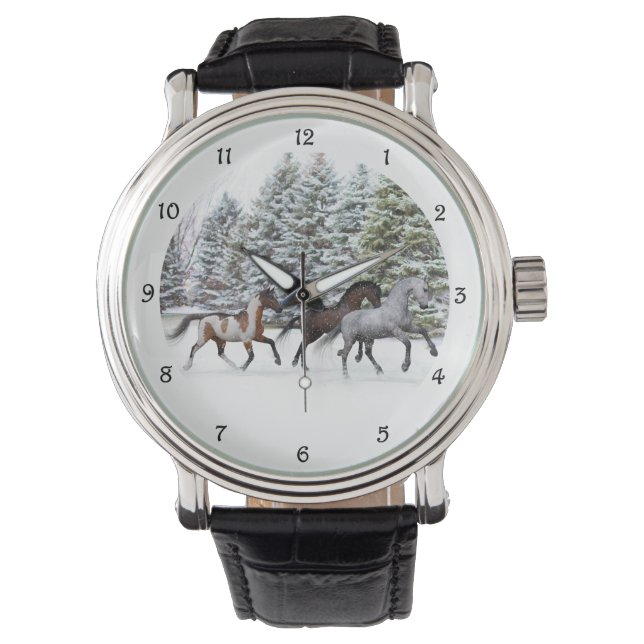 Dashing door de sneeuw - Running Horses Watch Horloge (Voorkant)