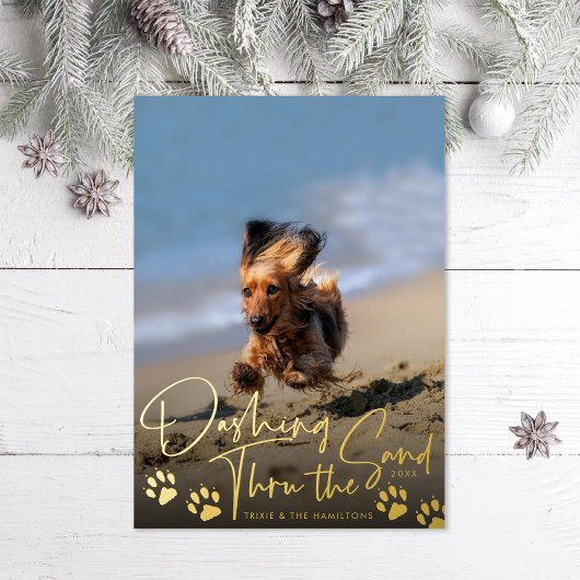 Dashing door het zand-dog strand folie feestdagenkaart