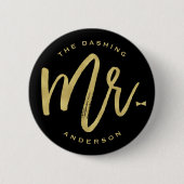 Dashing Mr Gold Brush Script Bow Stropdas Bruiloft Ronde Button 5,7 Cm (Voorkant)