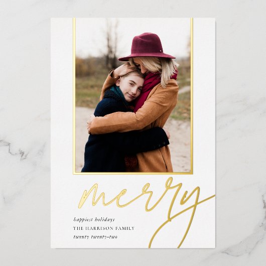 Dashing script | Verticale foto Merry Folie Feestdagenkaart (Voorkant)