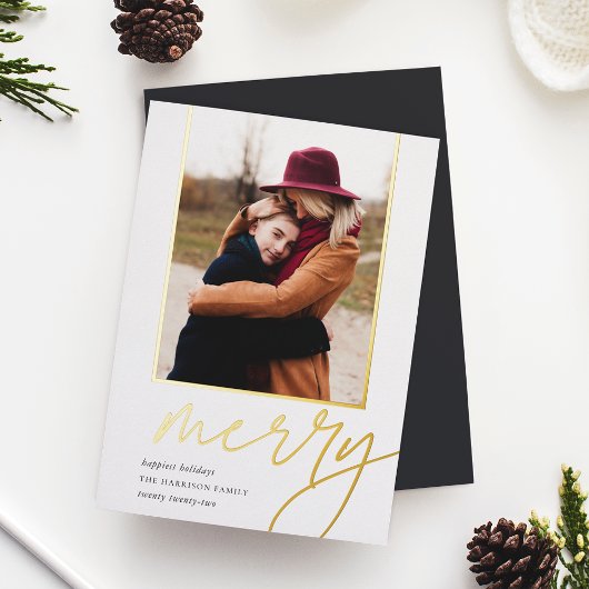 Dashing script | Verticale foto Merry Folie Feestdagenkaart