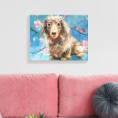 Dashund in kersenbloesems canvas afdruk (Insitu (Woonkamer))
