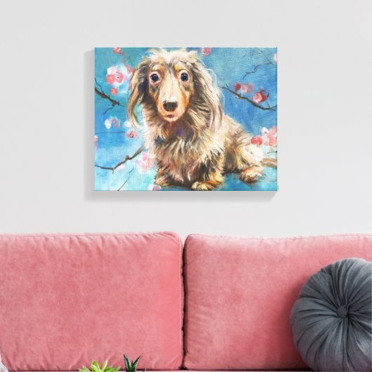 Dashund in kersenbloesems canvas afdruk (Insitu (Woonkamer))