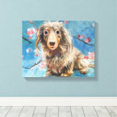 Dashund in kersenbloesems canvas afdruk (Insitu (Houten vloer))