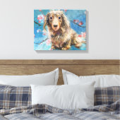 Dashund in kersenbloesems canvas afdruk (Insitu (Slaapkamer))