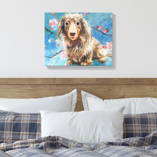 Dashund in kersenbloesems canvas afdruk (Insitu (Slaapkamer))