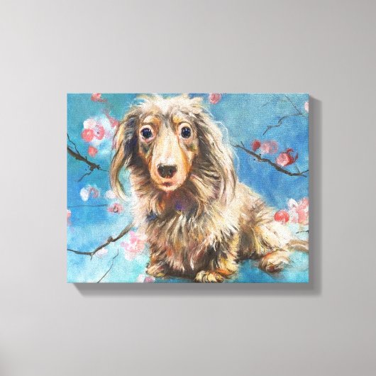 Dashund in kersenbloesems canvas afdruk (Voorkant)