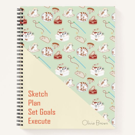 Dat Cat Life Cat Pattern Green Beige met naam Notitieboek (Voorkant)