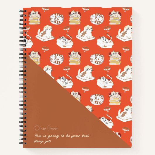 Dat Cat Life Cat Pattern Red Brown met naam Notitieboek (Voorkant)