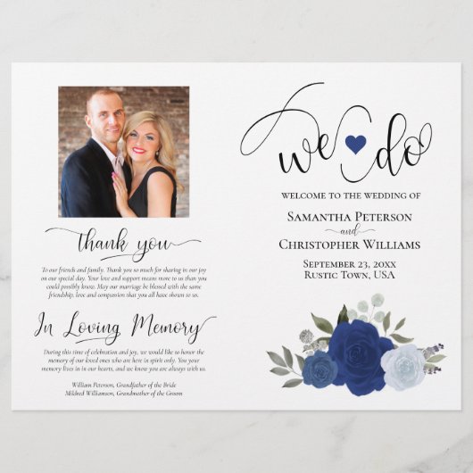 Dat doen we! Blue Boho Rozen DIY Vouw Trouwprogram (Voorkant)