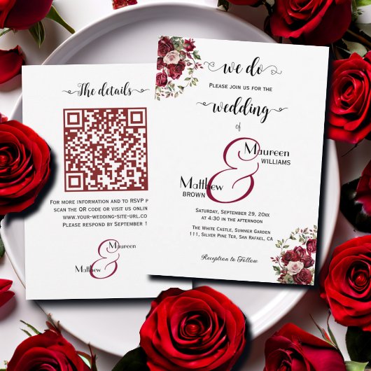 Dat doen we! Bourgogne Bloemen Script QR Code Huwe Kaart