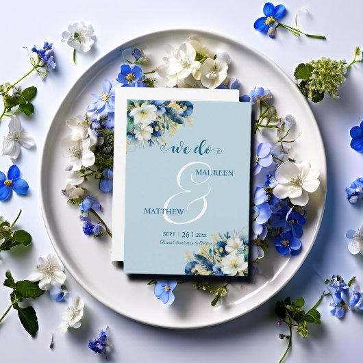 Dat doen we! Dusty Blue Gold Glitter Floral Save The Date