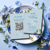 Dat doen we! Dusty Blue Gold Glitter QR Code Weddi Kaart