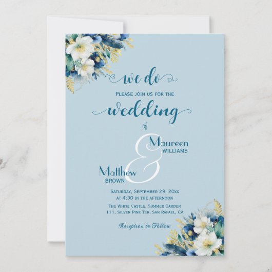 Dat doen we! Dusty Blue Gold Glitter QR Code Weddi Kaart (Voorkant)