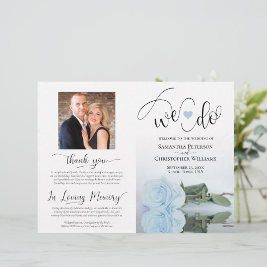 Dat doen we! Dusty Blue Roos DIY Vouw Trouwprogram (Staand voorkant)