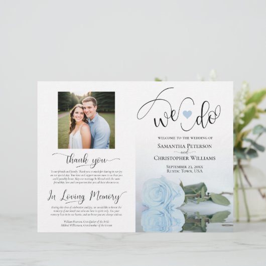 Dat doen we! Dusty Blue Roos DIY Vouw Trouwprogram (Staand voorkant)