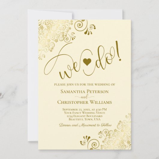 Dat doen we. Elegant Frilly Gold & Ivory Cream Wed Kaart (Voorkant)