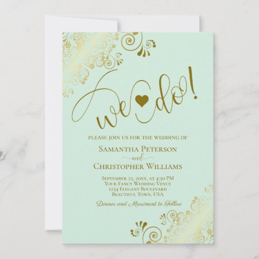 Dat doen we. Elegant Frilly Mint Green & Gold Wedd Kaart (Voorkant)