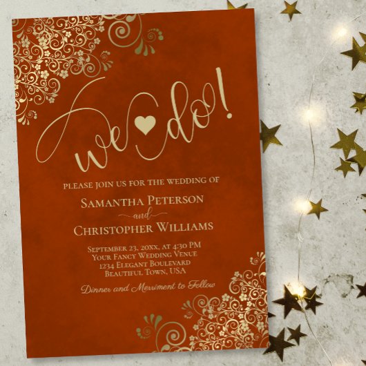 Dat doen we. Elegant Frilly Rust Oranje & Gold Wed Kaart