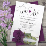 Dat doen we. Elegant Plum Paars Roos Romantic Wedd Kaart<br><div class="desc">Deze mooie huwelijksuitnodiging is romantisch, speels en stijlvol. Het bevat een leuke titel met een schattig hart en een modern script dat "we doen" aan de bovenkant, met alle details hieronder. Onderaan bevindt zich een schitterend eenzijdig paars of auberginegekleurd roos met lange stengels, dat in een zwembad aan de zijkant...</div>