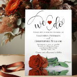 Dat doen we. Elegant Rust Oranje Roos Romantic Wed Kaart<br><div class="desc">Deze mooie huwelijksuitnodiging is romantisch, speels en stijlvol. Het bevat een leuke titel met een schattig hart en een modern script dat "we doen" aan de bovenkant, met alle details hieronder. Onderaan bevindt zich een schitterend eenzijdig roestvrij sinaasappel of verbrand umber gekleurd roos dat in een pool van water aan...</div>