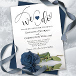 Dat doen we. Elegant Steel Blue Roos Romantic Wedd Kaart<br><div class="desc">Deze mooie huwelijksuitnodiging is romantisch, speels en stijlvol. Het bevat een leuke titel met een schattig hart en een modern script dat "we doen" aan de bovenkant, met alle details hieronder. Onderaan bevindt zich een prachtig, eenzijdig, langwerpig, stalen blauw of blauw, grijs gekleurd roos dat aan de zijkant in een...</div>