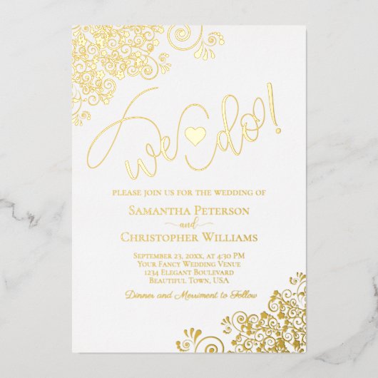 Dat doen we! Modern Script & Schattige Hart Weddin Folie Uitnodiging (Voorkant)