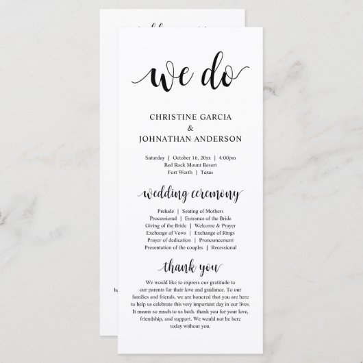 Dat doen we, moderne bruiloft-ceremonie programmakaart (Voorkant / Achterkant)