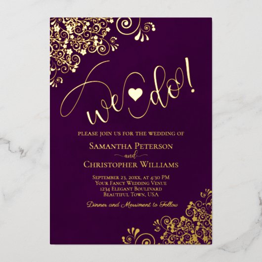 Dat doen we! Schattigee moderne bruiloft Plum Paar Folie Uitnodiging (Voorkant)