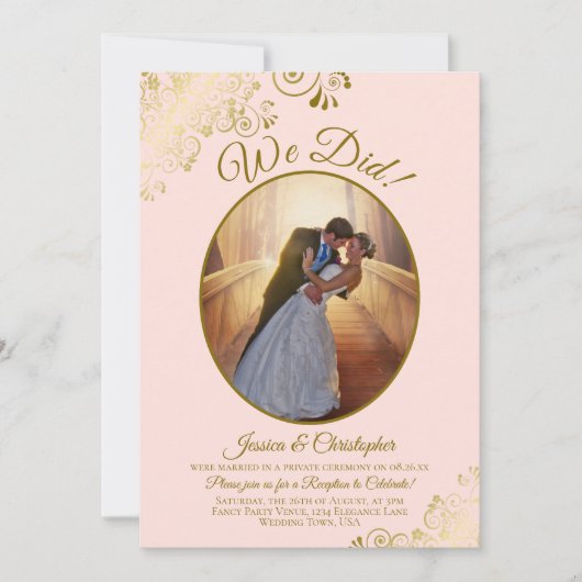 Dat hebben we gedaan. Blush Pink & Gold Lace Wedde Kaart (Voorkant)