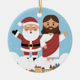 DAT HEBBEN WE GEZIEN! De Kerstman en Jezus kijken  Keramisch Ornament