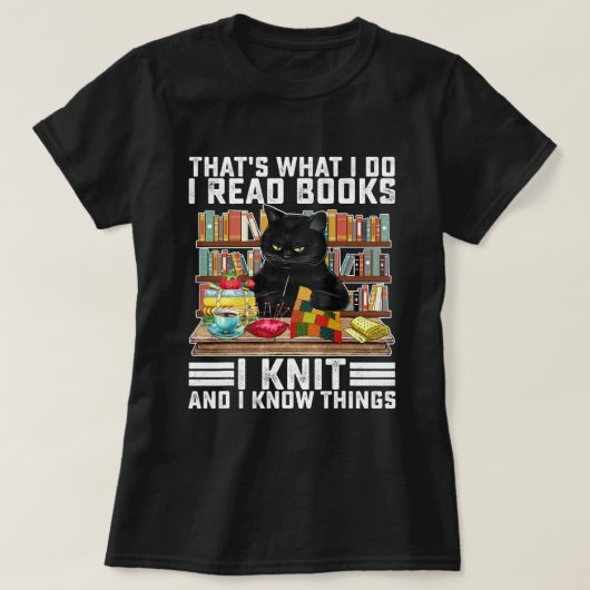 Dat ik boeken lees die ik grappige kat Knitt ken T-shirt (Design voorkant)
