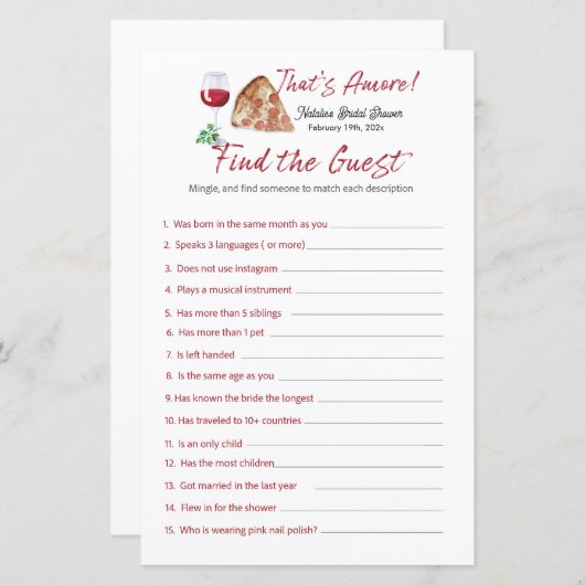 Dat is Amore Bingo Vrijgezellenfeest Game (Voorkant / Achterkant)