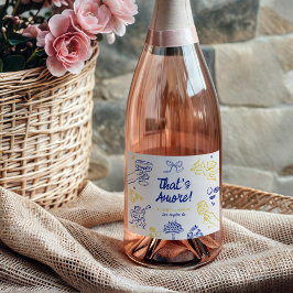 Dat is Amore! Blauw en geel Italiaans Verloving Sparkling Wijnetiket