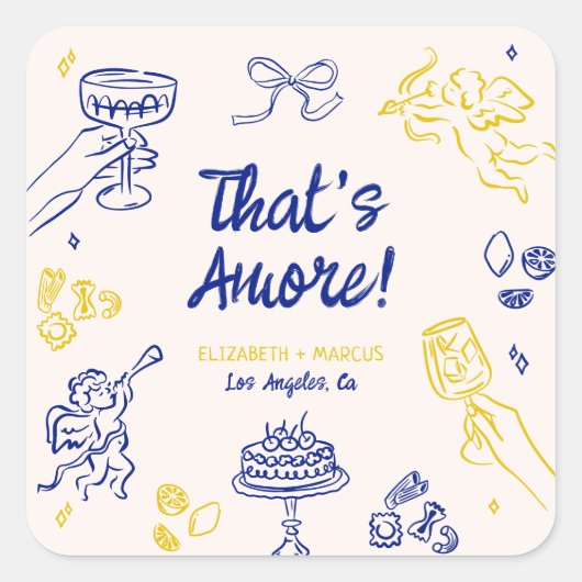 Dat is Amore! Blauw en geel Italiaans Verloving Vierkante Sticker (Voorkant)